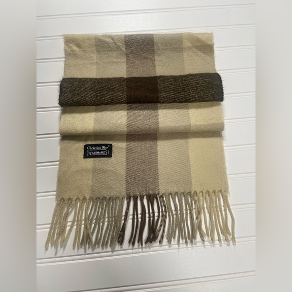 Vintage Christian Dior Plaid Scarf – Neutral Beige & Brown Check, Made in Japan - Picture 1 of 5